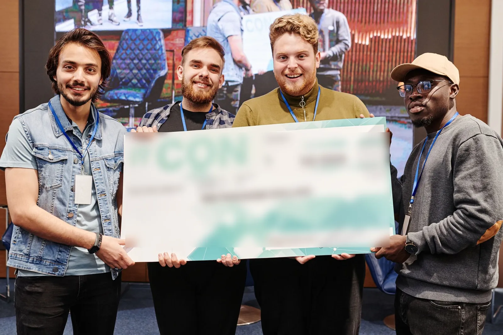 Students celebrating on stage at a university technology event